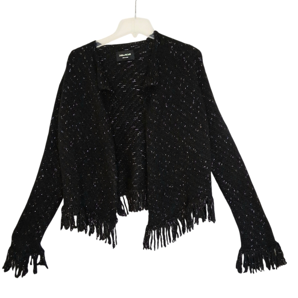 Zadig & Voltaire Daphna Wool Blnd Cardigan Sweater Black Sparkle Fringe Sz Small